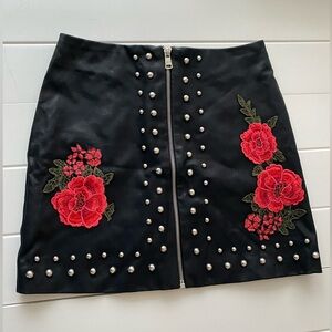 Black Faux Leather Mini Skirt with Red Floral Embroidery